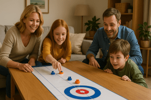 Familia jugando junta al curling de mesa sobre una mesa en el salón