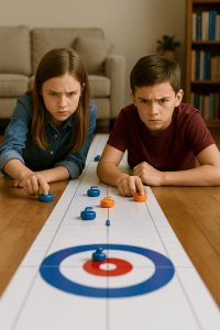 Dos niños concentrados jugando curling de mesa en casa sobre suelo de madera