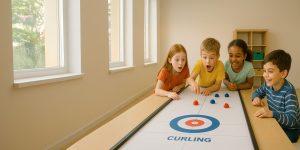 Cinco niños jugando al curling de mesa sobre una mesa larga en un aula o sala escolar
