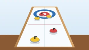 Ilustración de un juego de curling de mesa con piedras rojas y amarillas sobre la pista